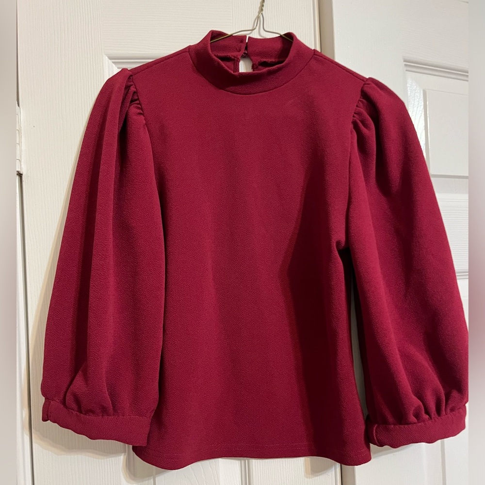 Minimal Red Blouse Top with Long Puffy Sleeves